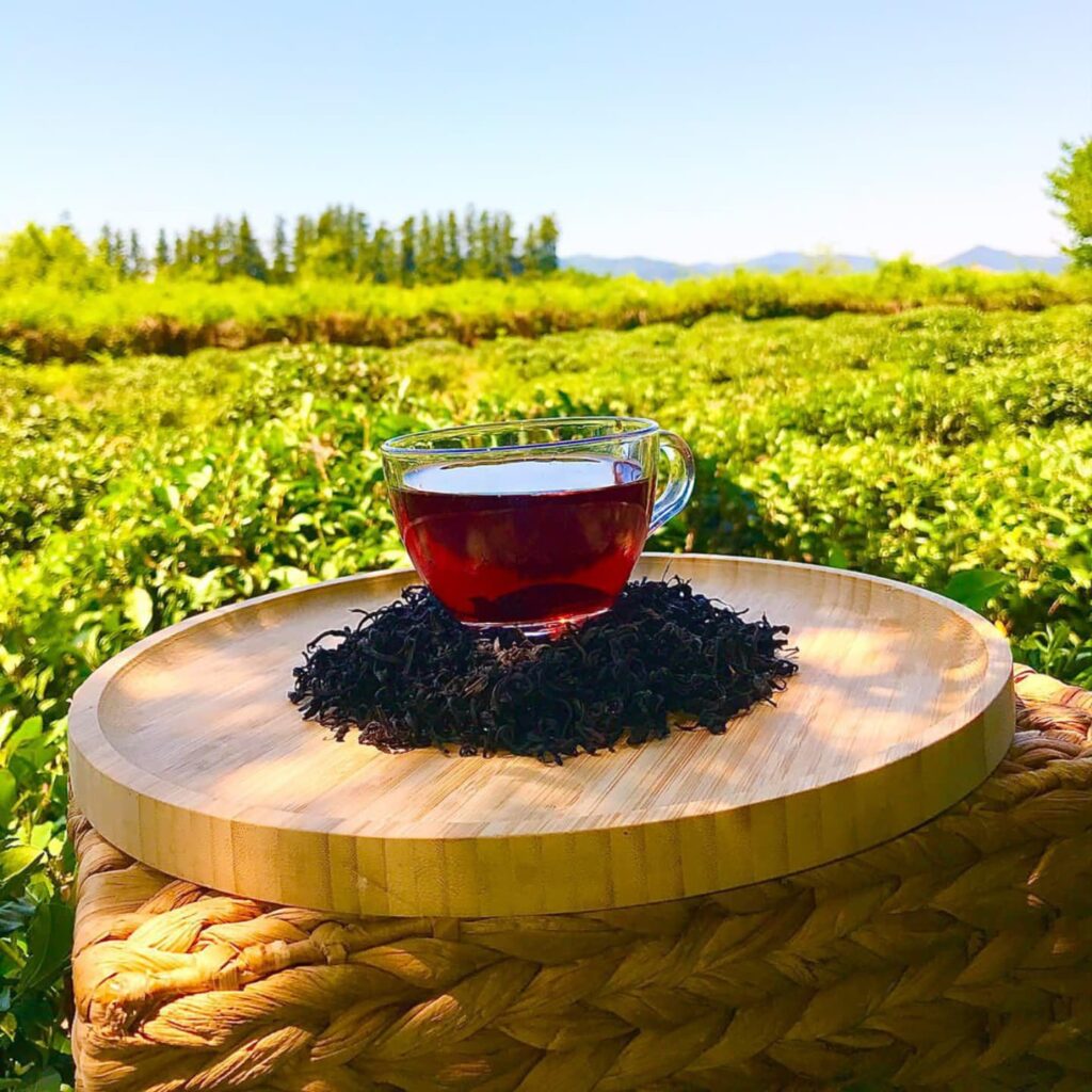 A glass cup filled with black tea placed on a wooden surface surrounded by loose tea leaves.