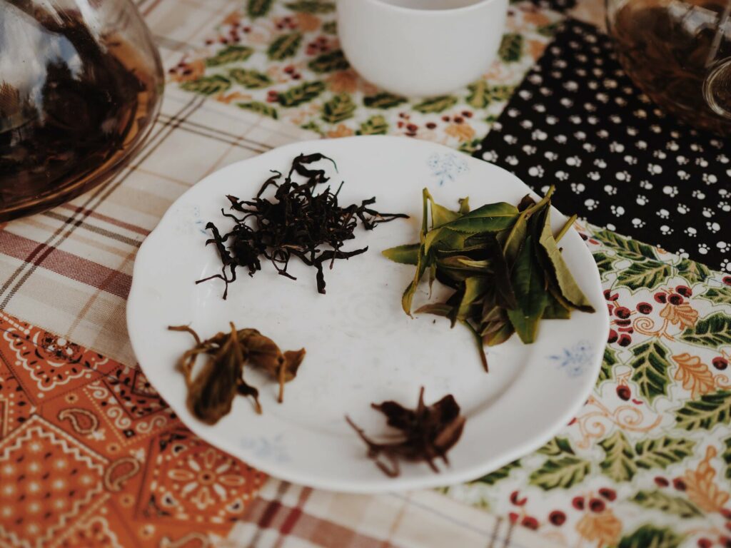 After the tea tasting, comparing the dried and brewed leaves