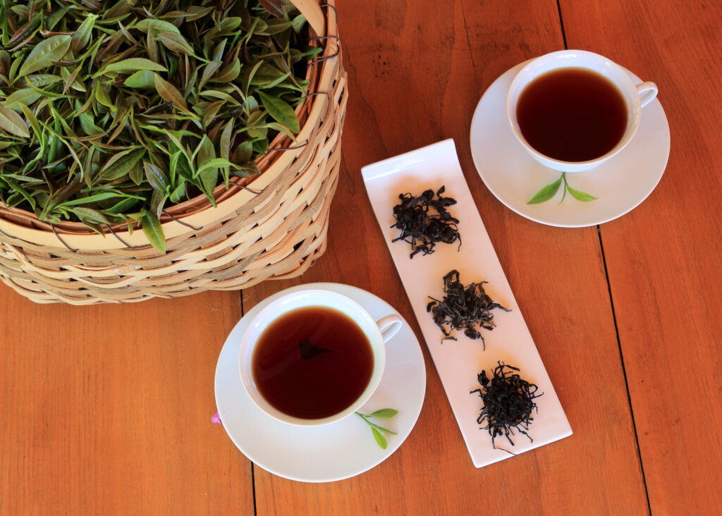 Two cups of tea beside a plate of loose leaf tea and a basket of fresh tea leaves.