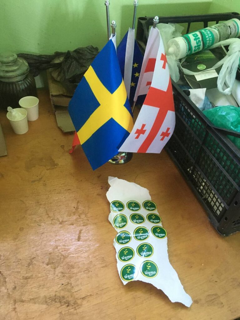 Small flags of Sweden, Georgia, and the European Union on a table with round green stickers.