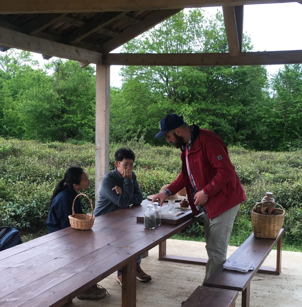 Outdoor tea tasting scene with three people around a long wooden table under a pavilion; a man in a red jacket serves tea from jars and baskets are visible nearby